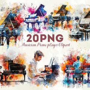 Op de afbeelding: Waterverfillustratie met meerdere vleugels en muzikanten. De afbeelding heeft een kleurrijke, artistieke stijl met spetters rood, blauw en geel. De tekst luidt "20 PNG Musician Piano player Clipart".