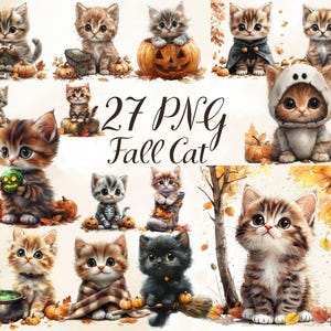 May include: A collection of watercolor illustrations featuring adorable kittens in various fall-themed settings. The kittens are surrounded by pumpkins, autumn leaves, and other seasonal elements. The text "27 PNG Fall Cat" is displayed.