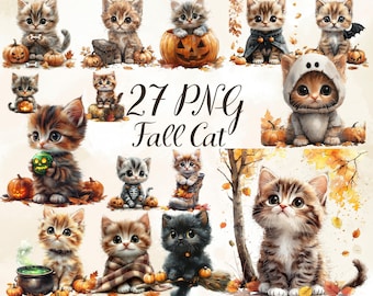 27 PNG  Fall Cat Clipart Watercolor Autumn Cats Leaves Cozy Season