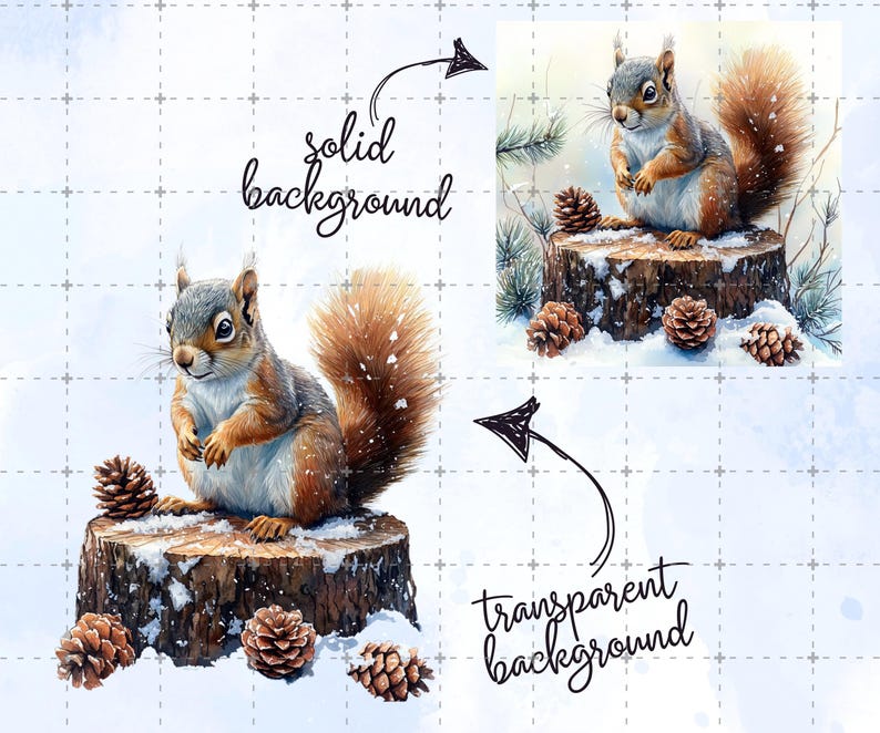 May include: Watercolor illustration of a squirrel sitting on a snow-covered tree stump, surrounded by pine cones. The squirrel has gray and brown fur with a fluffy tail. The image is set against a solid background and a transparent background.