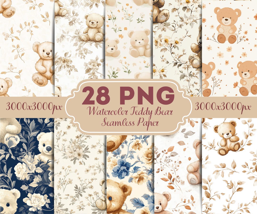 Teddy Bear Seamless Patterns PNG, Baby Nursery Paper Pack, Watercolor ...