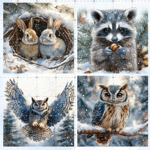 May include: A collection of four watercolor paintings featuring winter wildlife. The images include two rabbits in a nest, a raccoon holding a nut, an owl with outstretched wings, and an owl perched on a branch, all set in a snowy landscape.