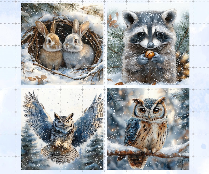 May include: A collection of four watercolor paintings featuring winter wildlife. The images include two rabbits in a nest, a raccoon holding a nut, an owl with outstretched wings, and an owl perched on a branch, all set in a snowy landscape.