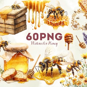 May include: A watercolour illustration of bees, honeycombs, honey jars, and honey dippers. The image includes the text "60 PNG Watercolor Honey". The artwork has a warm colour palette with yellow, brown, and gold tones.
