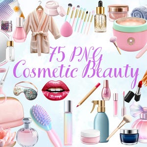 May include: A collection of beauty and cosmetic products, including makeup brushes, perfume bottles, lipsticks, and skincare items. The image features a pink and blue color scheme with the text "75 PNG Cosmetic Beauty".