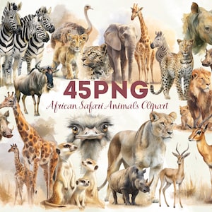 May include: Watercolor illustration of various African safari animals, including zebras, giraffes, lions, and elephants. The image features the text "45 PNG African Safari Animals Clipart". The animals are depicted in a realistic style with a watercolor effect.