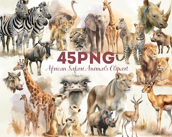 African Safari Animals Clipart Bundle 45 PNG | Watercolor Jungle Animals | Lion Elephant Giraffe Zebra PNG