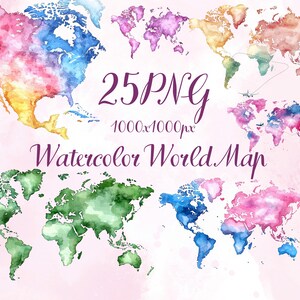 Könnte beinhalten: Eine Sammlung von Aquarell-Weltkarten in verschiedenen Farben, darunter Rosa, Blau, Grün und Gelb. Der Text "25 PNG" und "Watercolor World Map" ist ebenfalls enthalten.