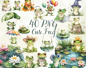 40 Cute Frog Clipart – PNG Digital Download, Kawaii Frogs, Cartoon Animals, Transparent Background, Scrapbooking & Crafts