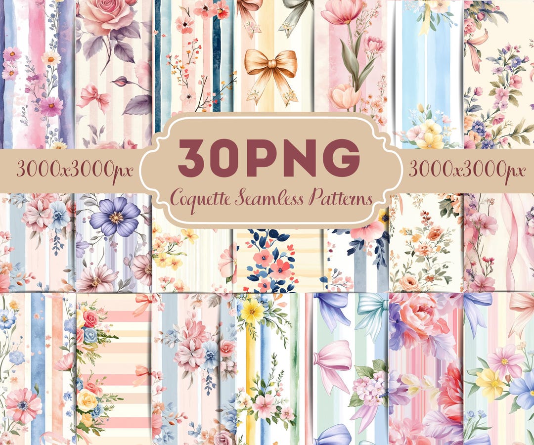 Coquette Seamless Patterns PNG Bundle Pastel Floral Bow Shabby Chic ...