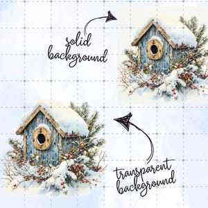 May include: Watercolor illustration of a blue birdhouse covered in snow, surrounded by evergreen branches and red berries. The birdhouse has a circular opening and a wooden roof. The text "solid background" and "transparent background" are also present.