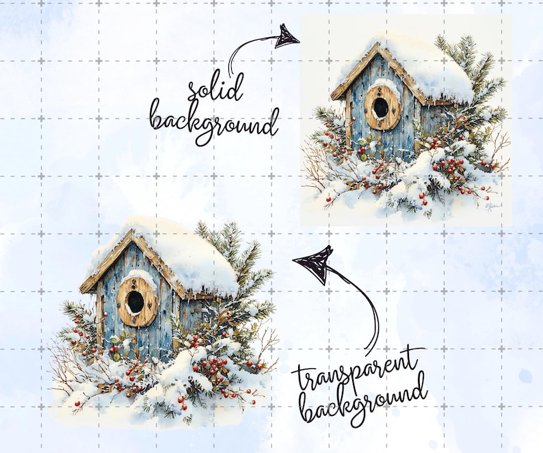 May include: Watercolor illustration of a blue birdhouse covered in snow, surrounded by evergreen branches and red berries. The birdhouse has a circular opening and a wooden roof. The text "solid background" and "transparent background" are also present.
