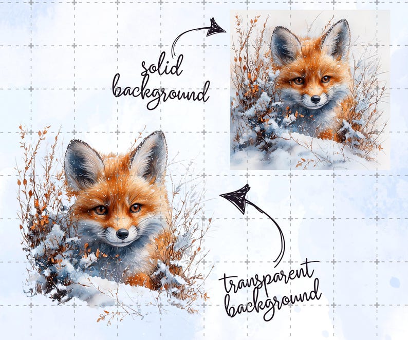 May include: Watercolor illustration of a fox with orange fur and a white face, set in a snowy landscape with brown foliage. The image has a solid background and a transparent background option.