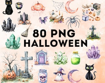 80 PNG Watercolor Halloween Clipart Bundle, Spooky PNG Elements (Digital Download)
