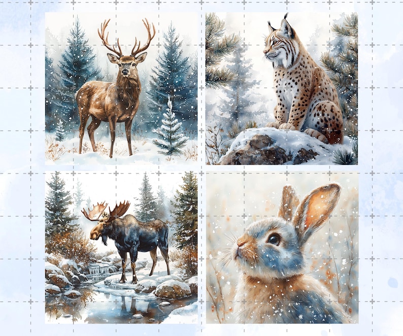May include: Four watercolor paintings of winter wildlife. A brown deer stands in a snowy forest. A lynx sits on a snow-covered rock. A moose stands near a frozen stream. A rabbit looks up at falling snow.