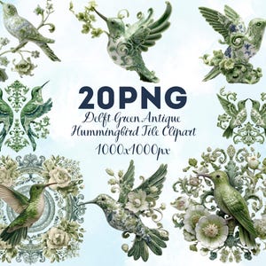 May include: A collection of 20 PNG images featuring Delft Green Antique Hummingbird Tile Clip Art. The images showcase various hummingbird designs with floral accents in shades of green, white, and blue. The text "20PNG Delft Green Antique Hummingbird Tile Clipart 1000x1000px" is displayed.