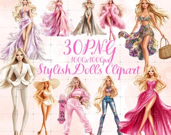 Stylish Dolls Clipart Bundle: 30 PNG Fashion Doll Digital Download