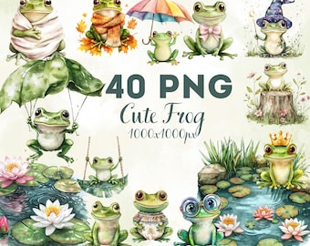 40 PNG Frog Clipart – Digital Download, Kawaii Frogs, Cartoon Animals, Transparent Background, Scrapbooking & Crafts