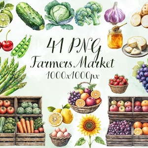 May include: Watercolor illustration of various fresh produce, including fruits, vegetables, and dairy products. The image features a variety of items such as cherries, grapes, apples, oranges, and a sunflower. Text reads "41 PNG Farmers Market 1000x1000px."