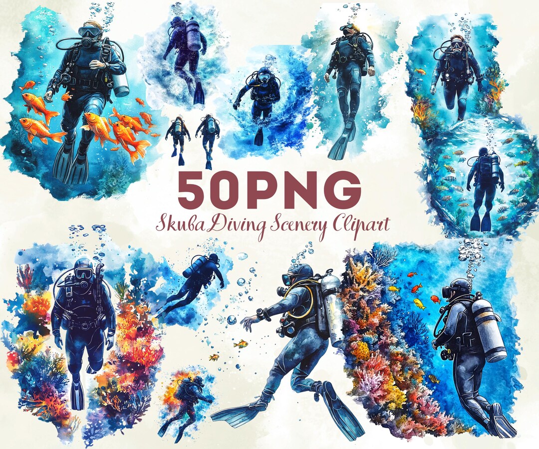 Scuba Diving Clipart PNG, Ocean Underwater Bundle, Diver Graphics Set ...
