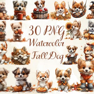 May include: Watercolor illustration featuring 30 PNG images of adorable puppies in fall settings. The puppies are surrounded by autumn leaves, pumpkins, and other seasonal elements. The text "30 PNG Watercolor Fall Dog" is displayed.