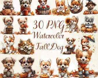 30 Watercolor Fall Dog Clipart – PNG Digital Download, Autumn Puppies, Leaves, Cozy Season, Transparent Background