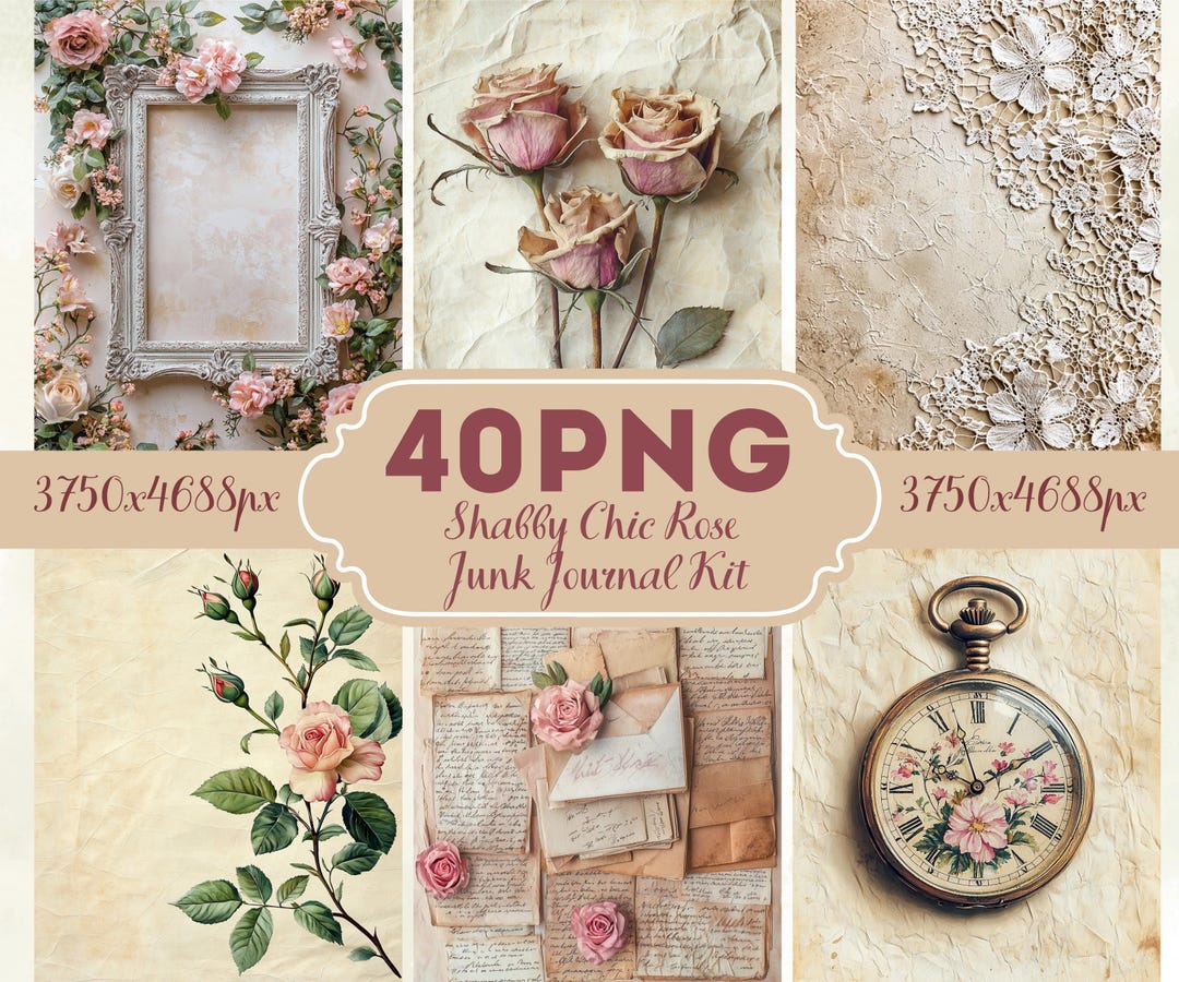Shabby Chic Rose Junk Journal Kit 40 PNG | Vintage Floral Digital ...