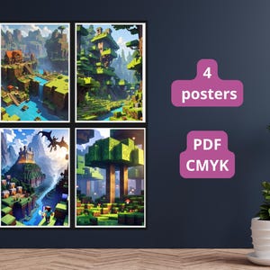 Könnte beinhalten: Vier gerahmte Landschaftsposter mit farbenfrohen Illustrationen einer Fantasiewelt. Die Poster werden an einer dunkelblauen Wand gezeigt. Der Text "4 posters" und "PDF CMYK" ist ebenfalls sichtbar.