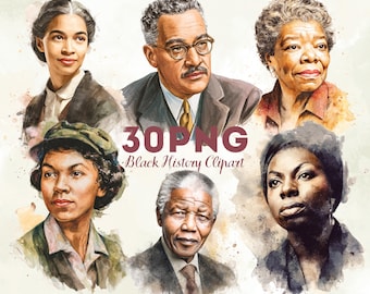 Aquarel Black History Month-clipartbundel 30 portretten van Afro-Amerikaanse pictogrammen in png-stijl