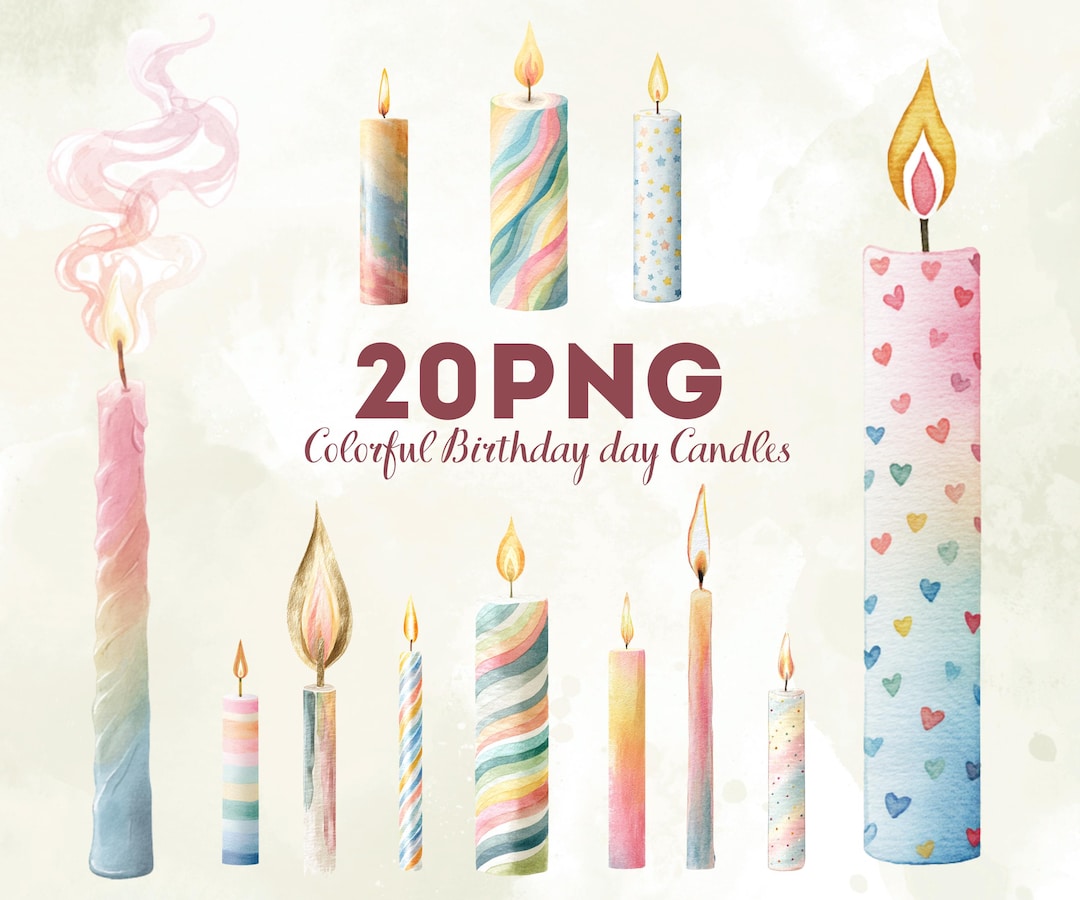 20 Watercolor Colorful Birthday Candles Clipart PNG, Party Decor, Cake ...