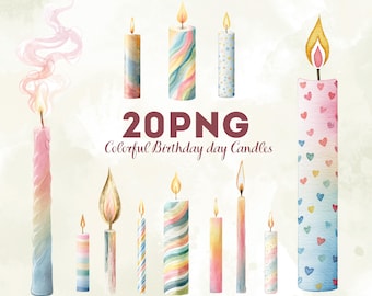 Può includere: Illustrazione ad acquerello di 12 candele di compleanno colorate con fiamme e fumo. Le candele presentano vari disegni, tra cui strisce, cuori e stelle. È presente anche il testo "20 PNG Colorful Birthday Candles".