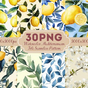 Peut inclure: Plusieurs motifs sans couture à l'aquarelle avec des citrons, des feuilles et des éléments floraux. Les motifs présentent des citrons jaunes, des feuilles vertes et des fleurs blanches sur divers fonds. Le texte "30 PNG Watercolor Mediterranean Tile Seamless Pattern" est inclus.