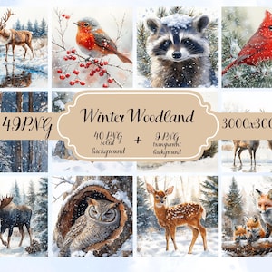 May include: A collection of watercolor illustrations featuring winter woodland animals and scenes. Includes a deer by a snowy river, a robin on a branch, a raccoon, a cardinal, a moose, an owl in a tree, a fawn, and foxes. The text "Winter Woodland" is also present.