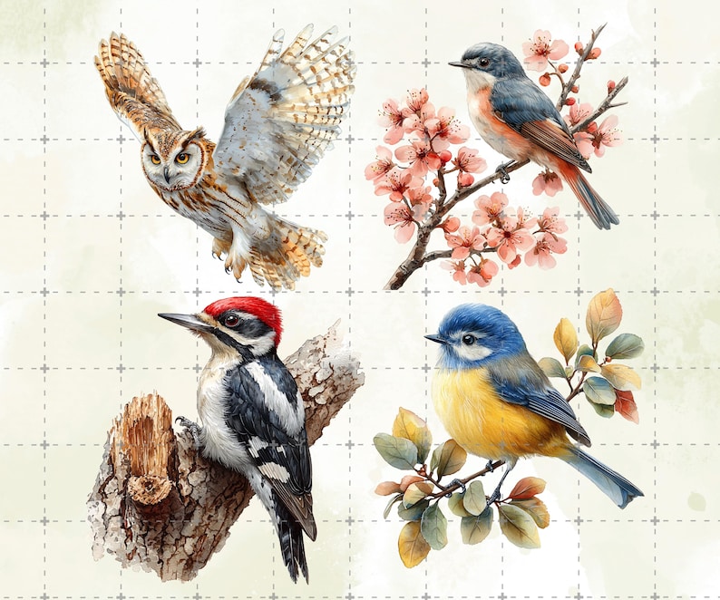 May include: Watercolor illustration of four birds: an owl in flight, a bird on a flowering branch, a woodpecker on a tree branch, and a blue and yellow bird on a leafy branch. The birds are set against a grid background.