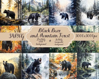 34 PNG Black Bear and Mountain Forest Clipart  Watercolor Wildlife Scene Nature Landscape Woodland Animal Art Transparent & Solid Background