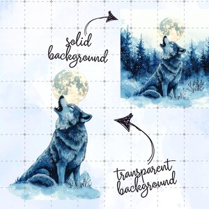 May include: Watercolor illustration of a howling wolf in shades of blue, set against a full moon. The image showcases the wolf in a snowy landscape, with a solid background and a transparent background option.