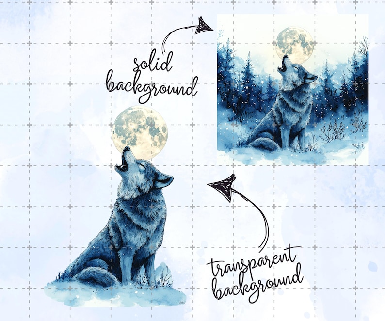 May include: Watercolor illustration of a howling wolf in shades of blue, set against a full moon. The image showcases the wolf in a snowy landscape, with a solid background and a transparent background option.