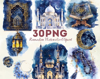 Ramadan watercolor clipart bundle, Islamic PNG set, Eid Mubarak decor gift, Muslim crafters, blue gold aesthetic