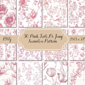 May include: A selection of pink Toile de Jouy seamless patterns. The designs showcase floral motifs such as roses and tulips, set against a white backdrop. The image includes the text "30 Pink Toile De Jouy Seamless Pattern".