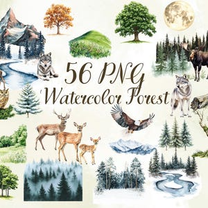 May include: Watercolor illustrations of forest scenes, including mountains, trees, animals, and a full moon. The image features a variety of wildlife such as deer, wolves, and an owl. Text reads "56 PNG Watercolor Forest."