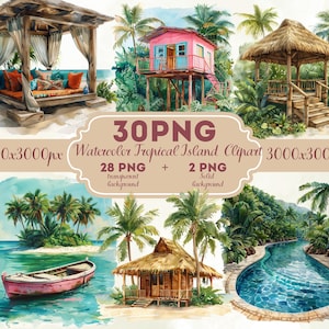 Puede incluir: Ilustración en acuarela con temática de isla tropical. Incluye un mirador, una casa en el árbol rosa, una estructura con techo de paja, un barco rosa, una cabaña de madera y una piscina. El texto "30PNG Watercolor Tropical Island Clipart" es visible.