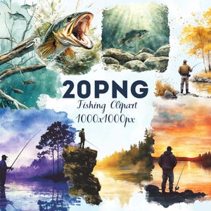 May include: A collection of watercolour fishing clipart, including a leaping bass, anglers, and tranquil lake scenes. The image displays the text "20PNG Fishing Clipart 1000x1000px", ideal for digital art and design projects.