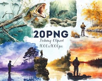 20 PNG Fishing Landscape Bundle Fisherman Art Set