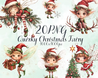 May include: A digital illustration featuring several Christmas fairies. Each fairy is depicted with large eyes, wearing red and green outfits, and festive hats. The image includes the text "20 PNG Quirky Christmas Fairy 1000x1000px".