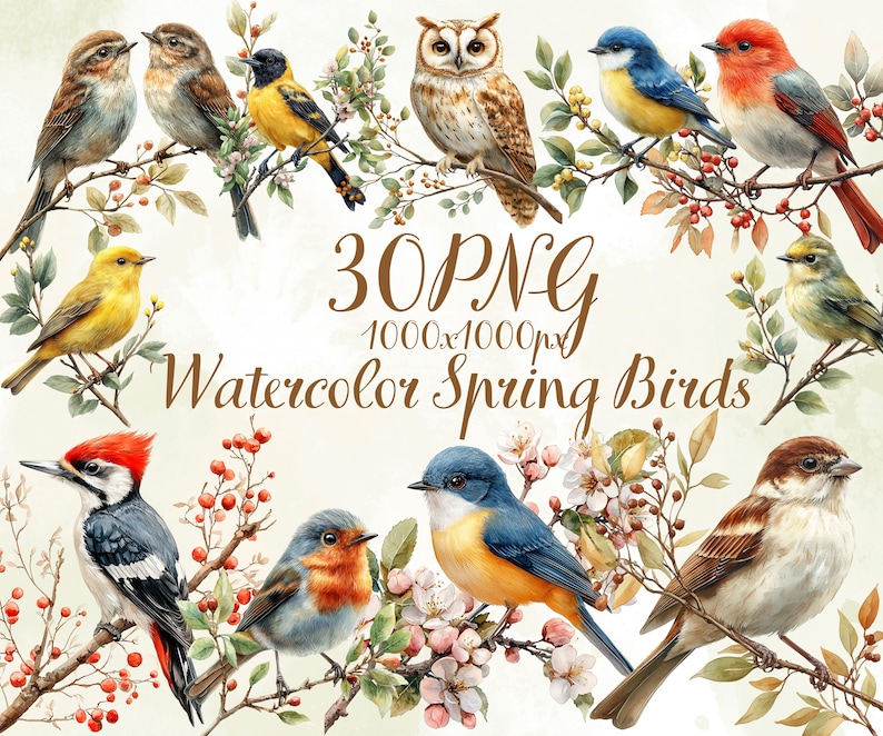 May include: Watercolor illustration of various birds perched on branches with leaves and berries. The image includes an owl, woodpecker, and other colorful birds. Text reads "30 PNG 1000x1000px Watercolor Spring Birds."