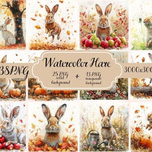 May include: A collection of watercolor illustrations featuring hares in autumnal settings. The images include rabbits with pumpkins, apples, and falling leaves. The text in the image reads "Watercolor Hare" and "38 PNG".