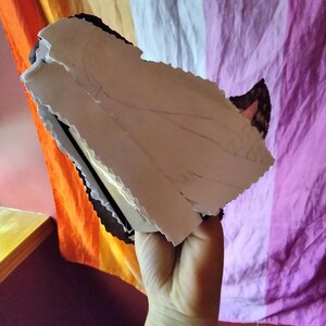 May include: A partially visible, off-white, layered paper object with a black border. The object is held in a hand, with a rainbow-colored flag in the background. The paper has a rough, torn edge.