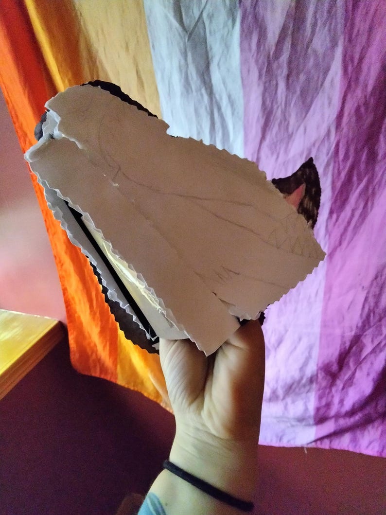 May include: A partially visible, off-white, layered paper object with a black border. The object is held in a hand, with a rainbow-colored flag in the background. The paper has a rough, torn edge.