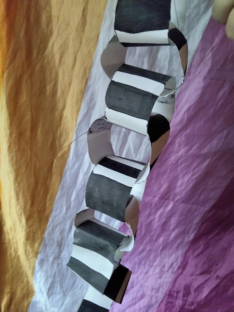 May include: A paper chain with alternating black and white stripes. The chain is made of folded paper and is hanging against a backdrop of yellow, white, and purple fabric.