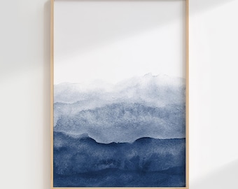 Aquarelprint, indigo muurkunst, aquarel afdrukbare, abstract schilderij, modern minimalistisch, marineblauw decor, donkerblauw, kunst aan de grote muur